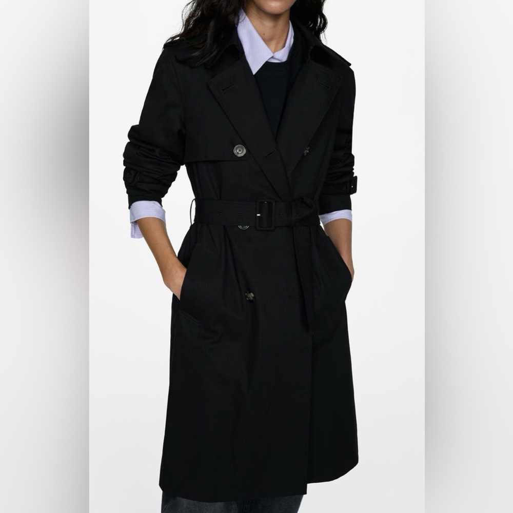 Mango Classic Double Breasted Water Repellent Cotton Trench Coat Black Small NWT